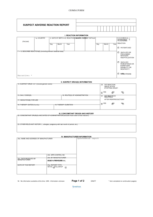Cioms-I Form - Suspect Adverse Reaction Report Printable pdf