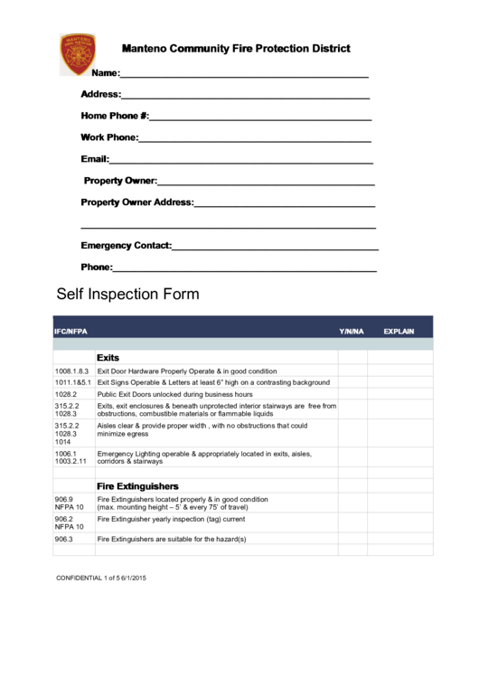 Self Inspection Form Printable pdf
