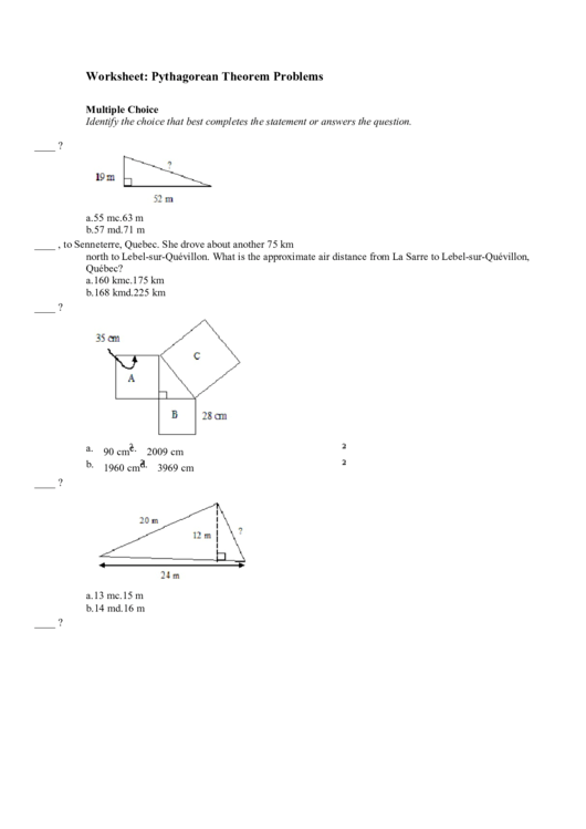 Pythagorean Theorem Problems Worksheet Printable pdf