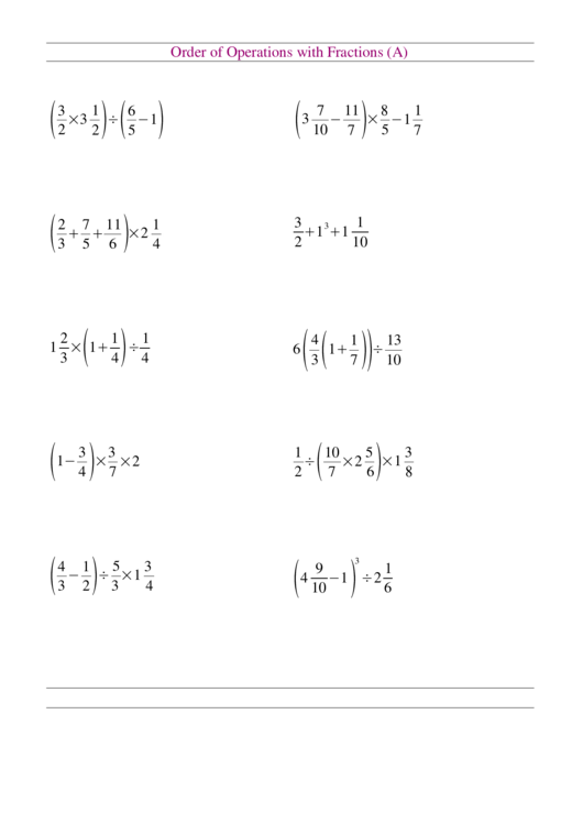 Order Of Operations With Fractions Worksheet Printable pdf
