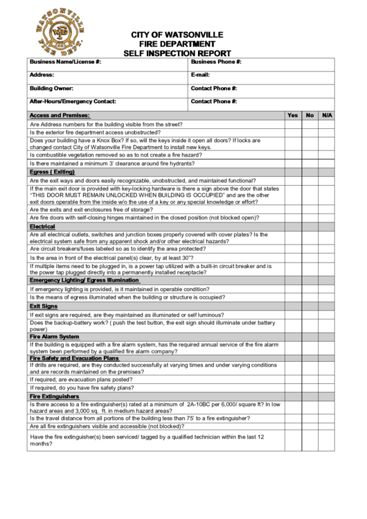 Self Inspection Report Form - City Of Watsonville Fire Department Printable pdf