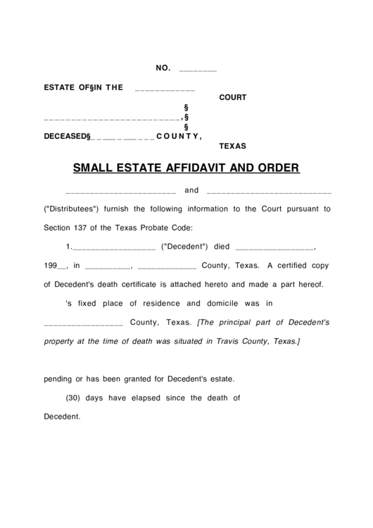 Small Estate Affidavit And Order Printable pdf