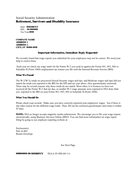 Form Ssa-L-93-Sm (04-11) - Retirement, Survivors And Disability Insurance Form Printable pdf