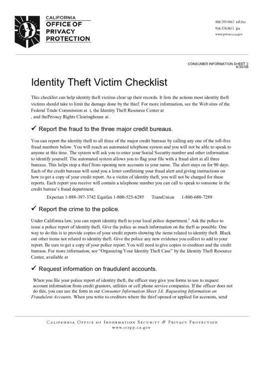 Identity Theft Victim Checklist Printable pdf
