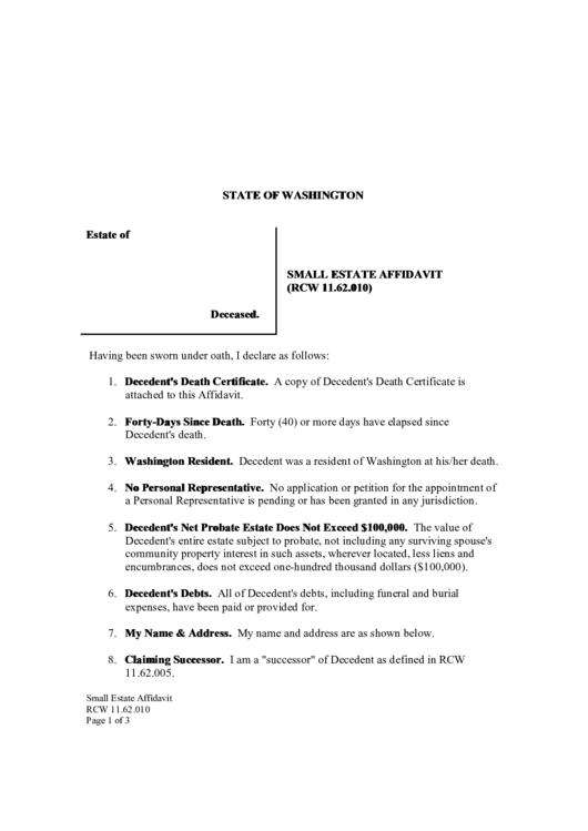 Small Estate Affidavit (Rcw 11.62.010) Printable pdf
