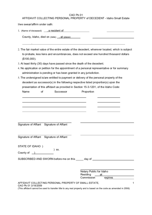 Fillable Affidavit Collecting Personal Property Of Decedent Printable pdf