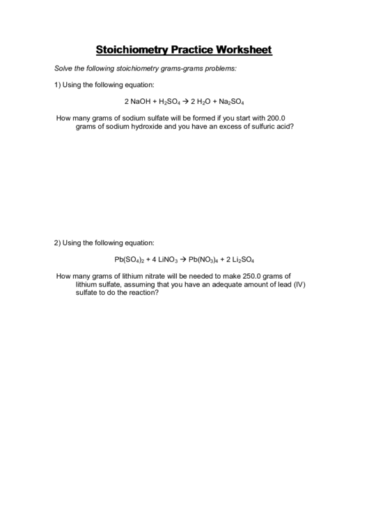 Stoichiometry Practice Worksheet Printable pdf