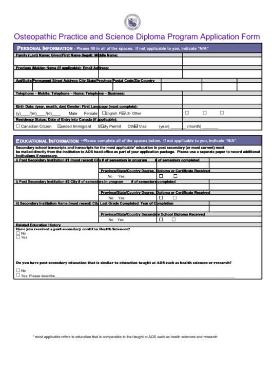 Fillable Osteopathic Practice And Science Diploma Program Application Form Printable pdf