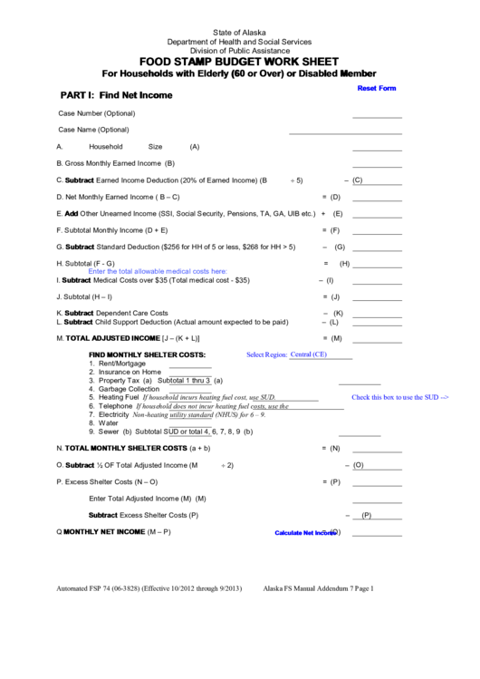Fillable Food Stamp Budget Work Sheet For Households With Elderly (60 Or Over) Or Disabled Member - State Of Alaska Department Of Health And Social Services Printable pdf
