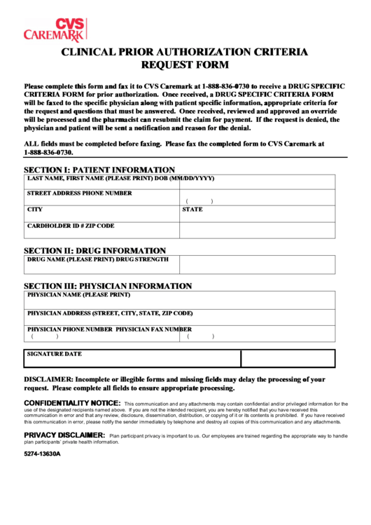 Clinical Prior Authorization Criteria Request Form Printable pdf