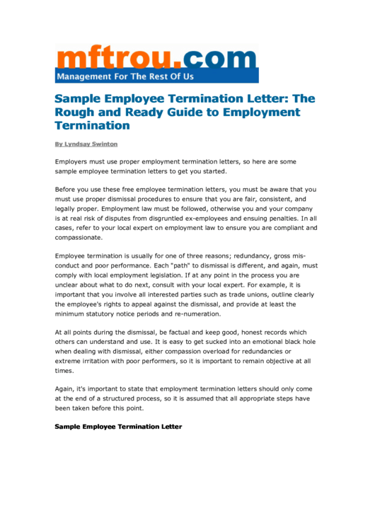 Sample Employee Termination Letter Printable pdf