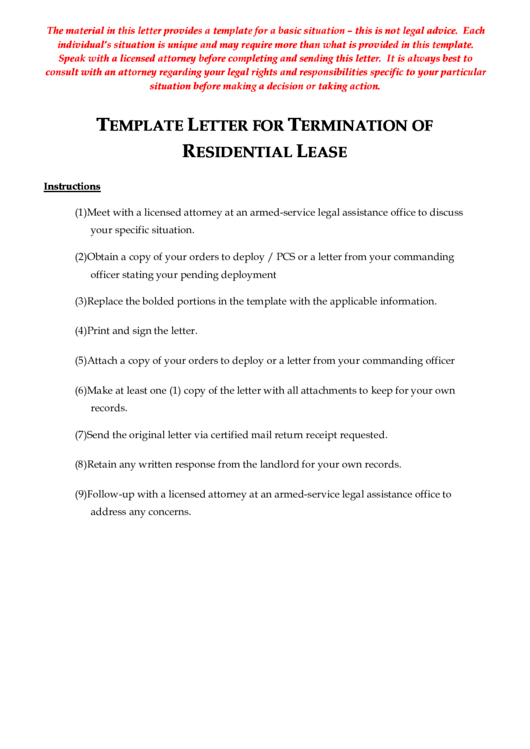 Template Letter For Termination Of Residential Lease Printable pdf