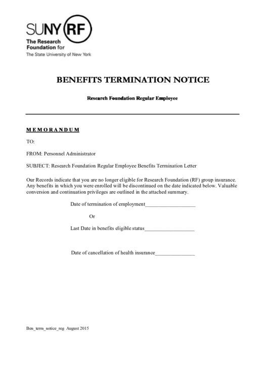 Suny Rf Benefits Termination Notice Printable pdf