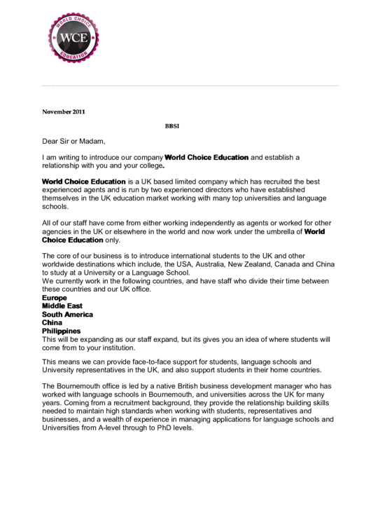 Business Introduction Letter Template Printable pdf