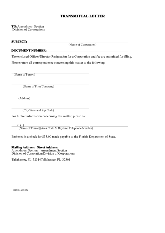 Fillable Transmittal Letter - Amendment Section, Division Of Corporations Printable pdf