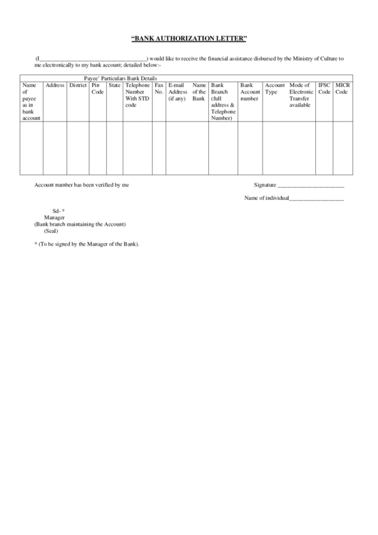 Bank Authorization Letter Template Printable pdf