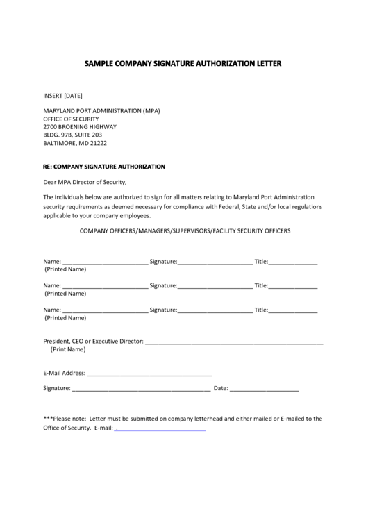 Sample Company Signature Authorization Letter Printable pdf