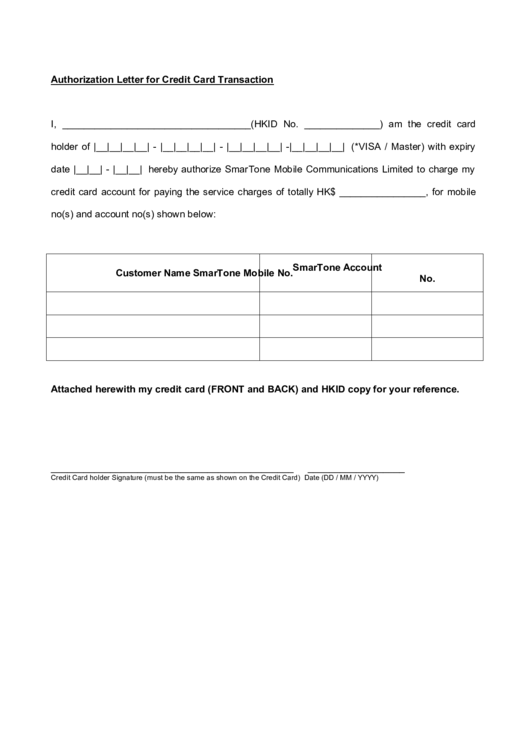 Authorization Letter For Credit Card Transaction Printable pdf