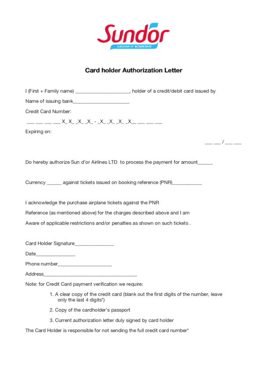 Card Holder Authorization Letter Printable pdf