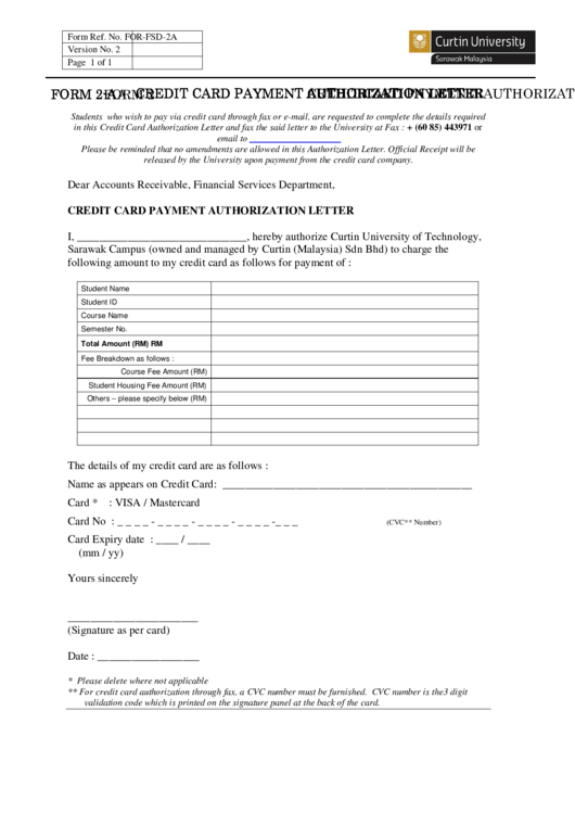 Credit Card Payment Authorization Letter Printable pdf