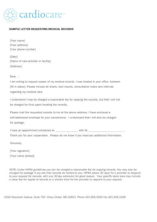 Sample Letter Requesting Medical Records printable pdf download