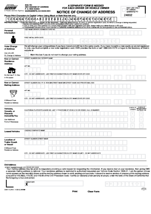 Fillable Form Dmv 14 Change Of Address Template Fillable Printable 