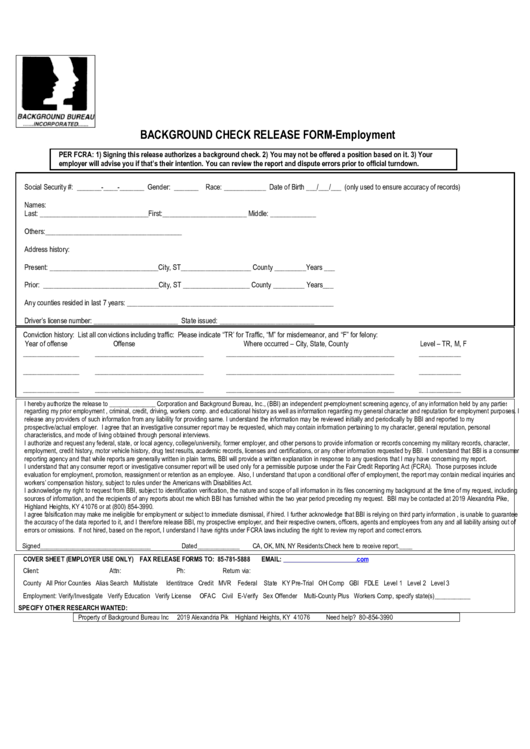 Background Check Release Form-Employment Printable pdf