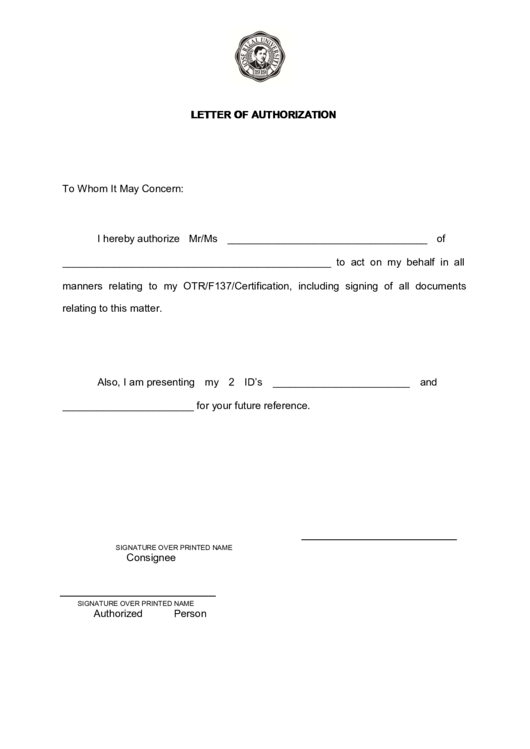 Letter Of Authorization (Sample) Printable pdf