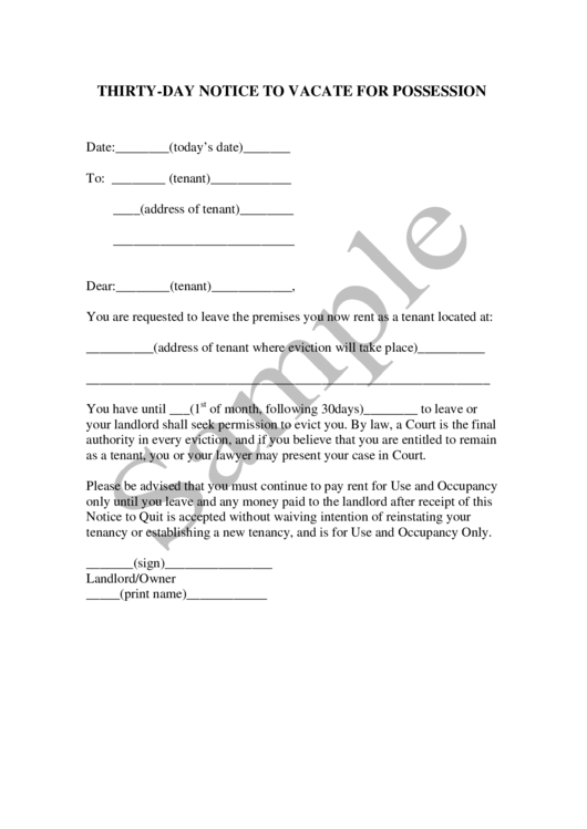 Thirty-Day Notice To Vacate For Possession Printable pdf