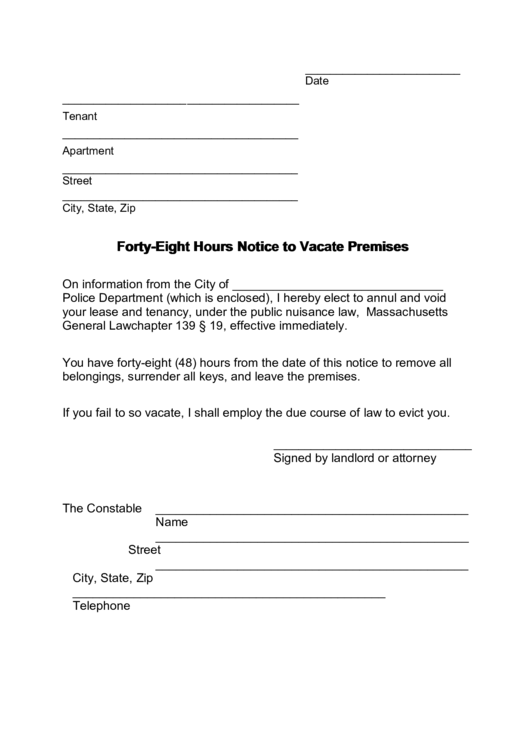 Fillable Forty-Eight Hours Notice To Vacate Premises Printable pdf