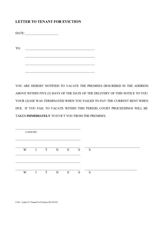 Fillable Letter To Tenant For Eviction Template Printable pdf