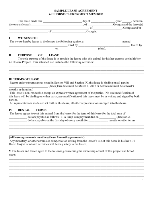 Lease Agreement Template - 4-H Horse Club Project Member Printable pdf
