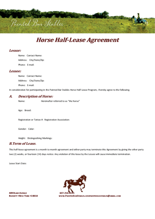 Fillable Horse Half-Lease Agreement Printable pdf