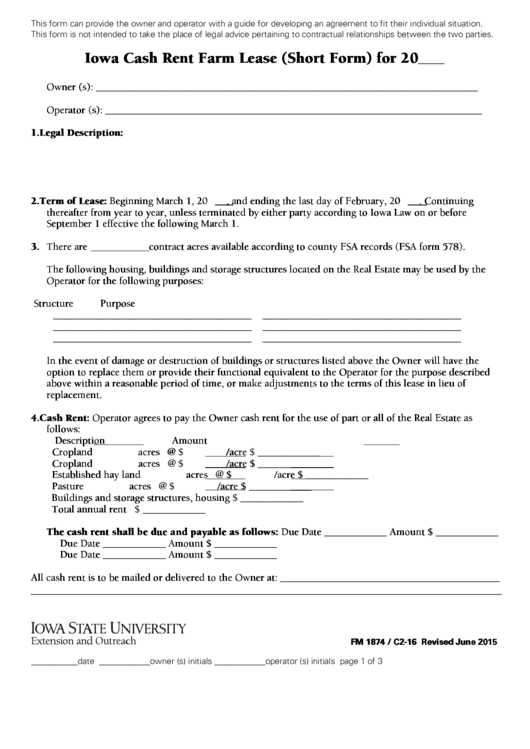 Fillable Iowa Cash Rent Farm Lease (Short Form) Printable pdf
