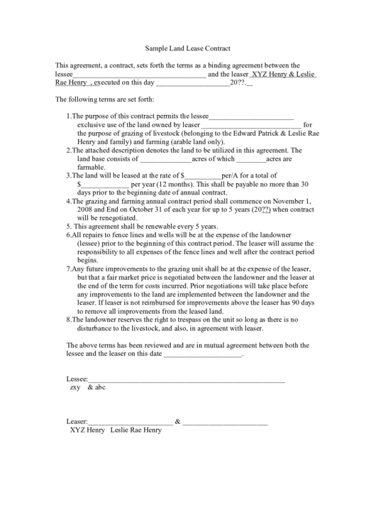 Sample Land Lease Contract Printable pdf