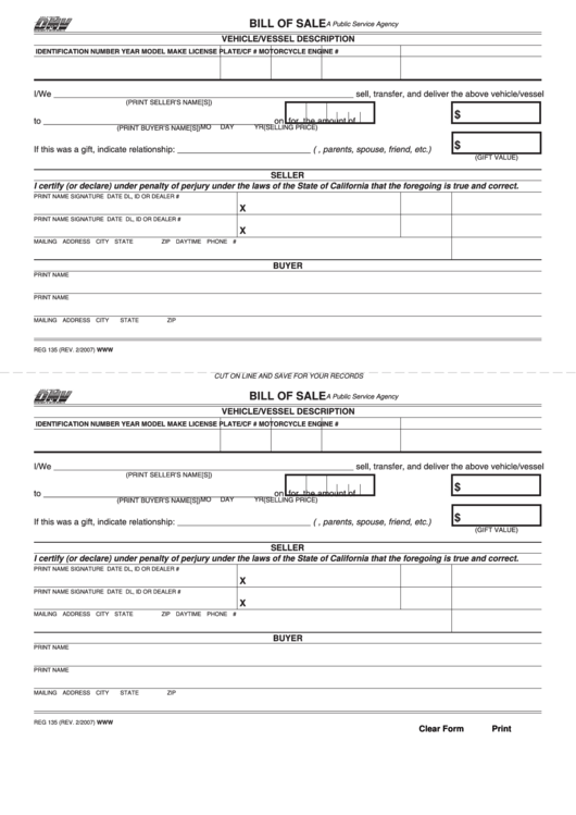 Fillable Form 135 - Bill Of Sale Printable pdf