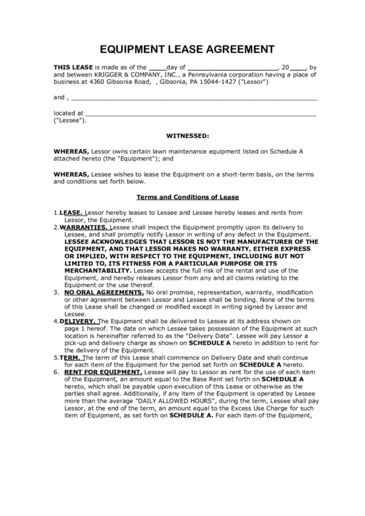 Equipment Lease Agreement Printable pdf