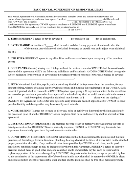Fillable Basic Rental Agreement Or Residential Lease Printable pdf
