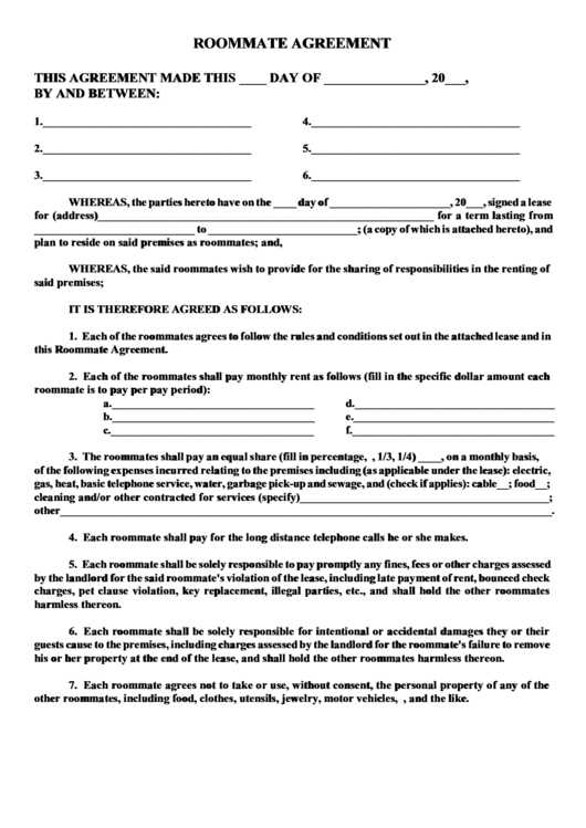 Roommate Agreement Printable pdf