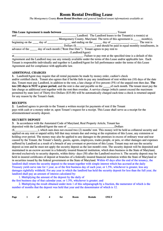 Room Rental Dwelling Lease Template - Montgomery County, Maryland Printable pdf