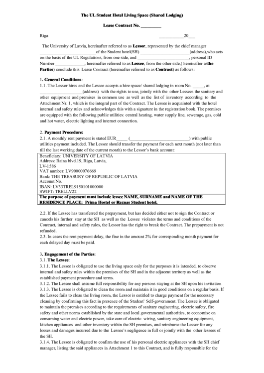 Fillable Lease Contract - The Ul Student Hotel Living Space Printable pdf
