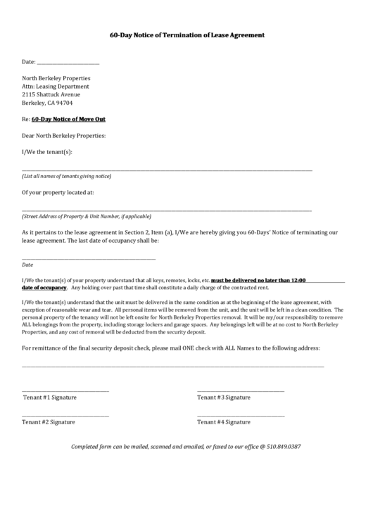 60-Day Notice Of Termination Of Lease Agreement Printable pdf