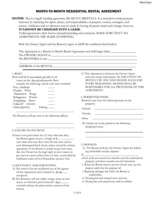 Fillable Month-To-Month Residential Rental Agreement Template Printable pdf