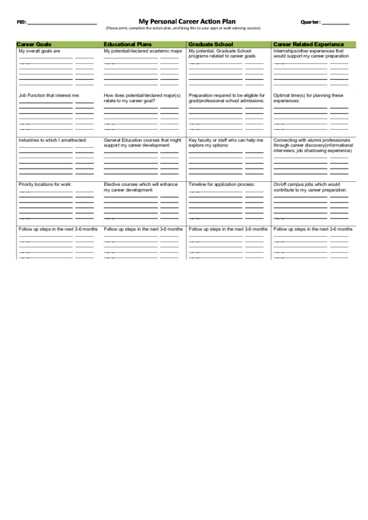 My Personal Career Action Plan Printable pdf