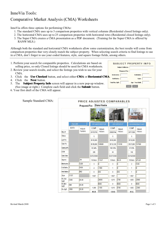 Comparative Market Analysis (Cma) Worksheets Printable pdf