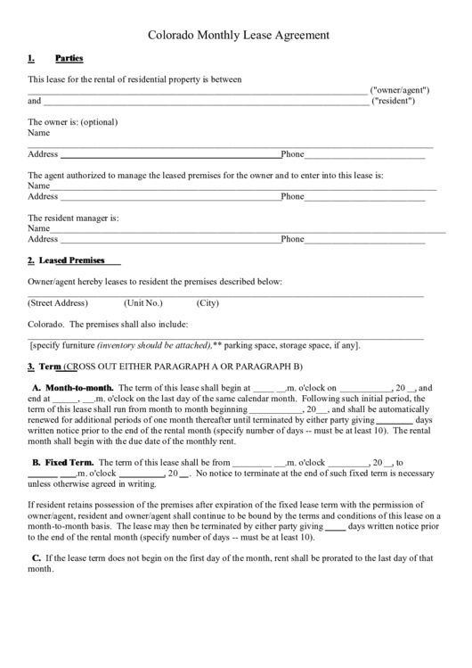 Fillable Colorado Monthly Lease Agreement Form Printable pdf