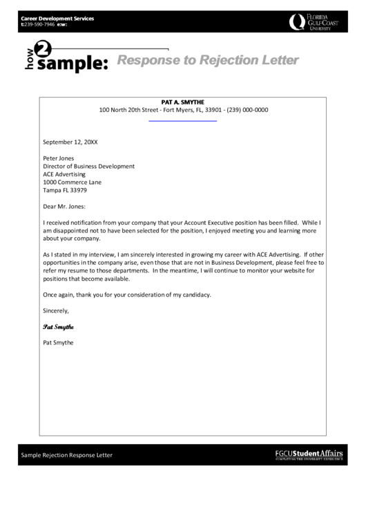 Response To Rejection Letter Template Printable pdf