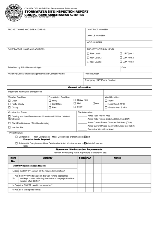 Fillable Stormwater Site Inspection Report Printable pdf