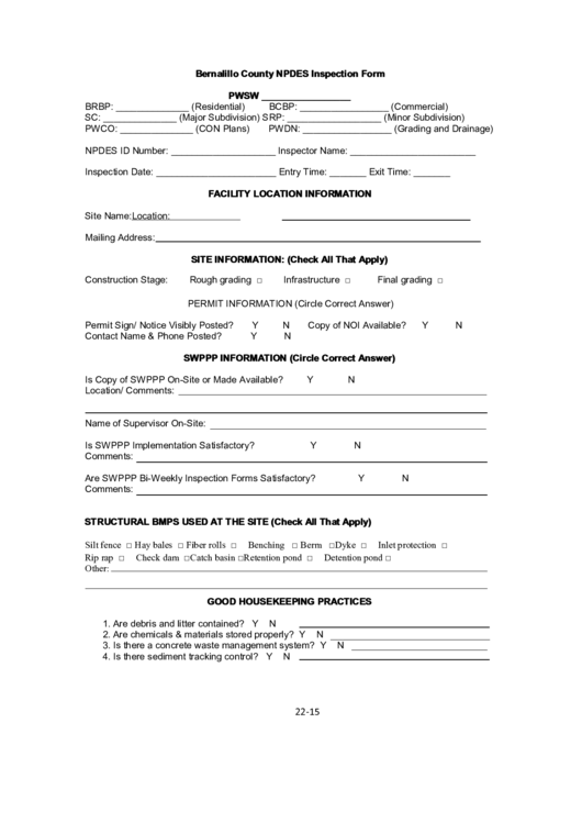 Bernalillo County Npdes Inspection Form Printable pdf