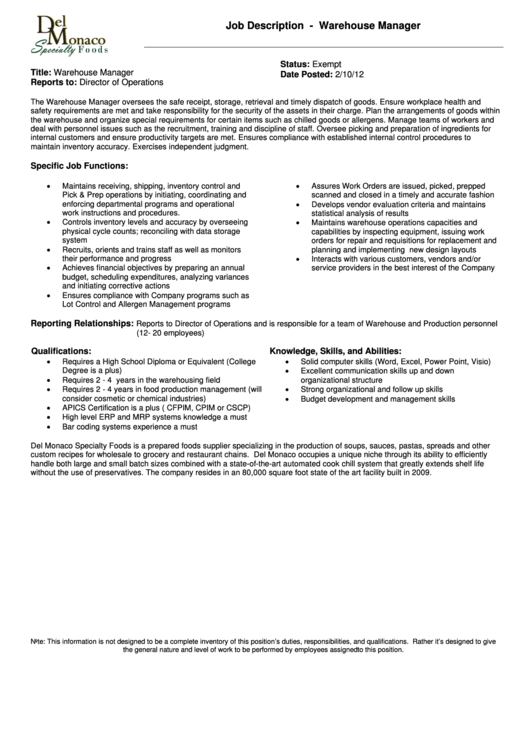 Job Description - Warehouse Manager Printable pdf